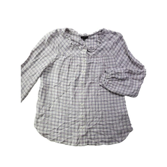 NEW - Talbots Women Petite Lp White Pink Plaid Button Up Ruffle Neck Western - Picture 1 of 7
